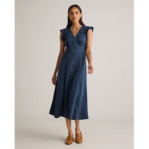 Quince Women Vintage Wash Tencel Button Front Midi Dress Midnight Blue S